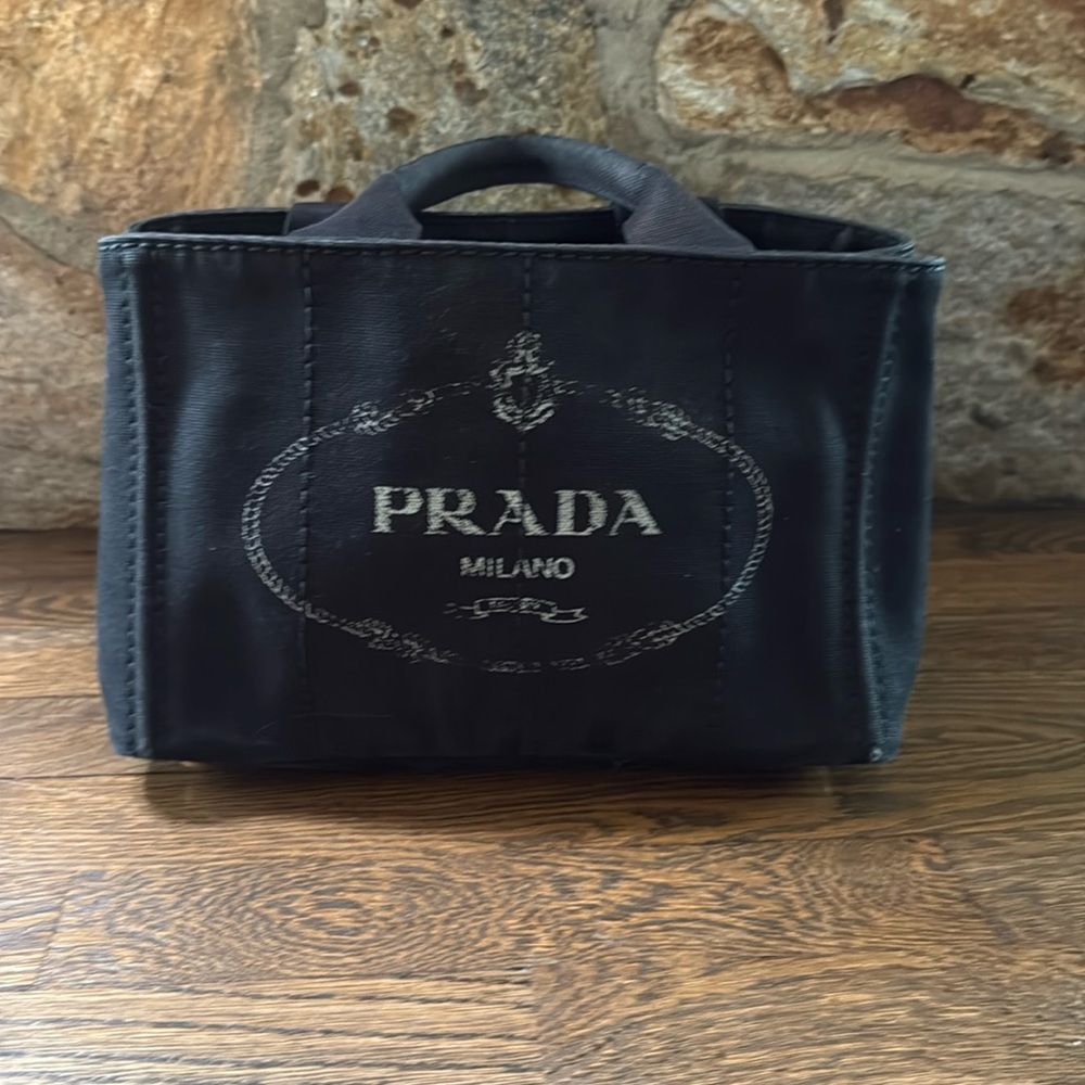 Authentic PRADA Canapa Canvas Shoulder Hand Bag Purse Black small size tote - Picture 14 of 17